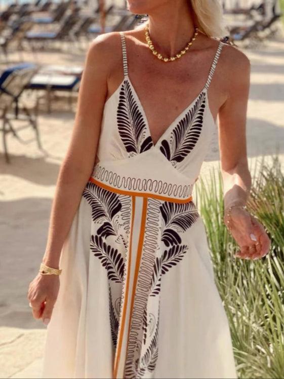 Backless Lace-up Maxi Dress with Printed V-Neck Elegant Dress