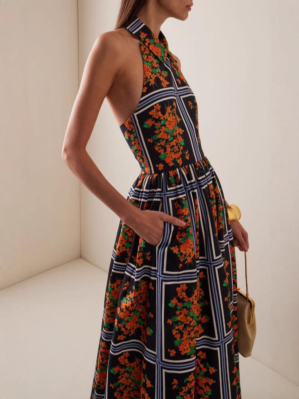 Sexy backless lapel printed long dress