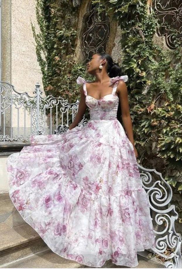 Organza Floral Print Tie Strap Maxi Dress