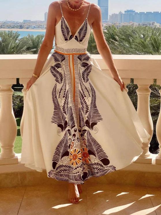 Backless Lace-up Maxi Dress with Printed V-Neck Elegant Dress