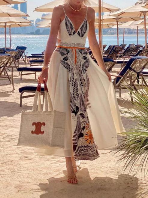 Backless Lace-up Maxi Dress with Printed V-Neck Elegant Dress