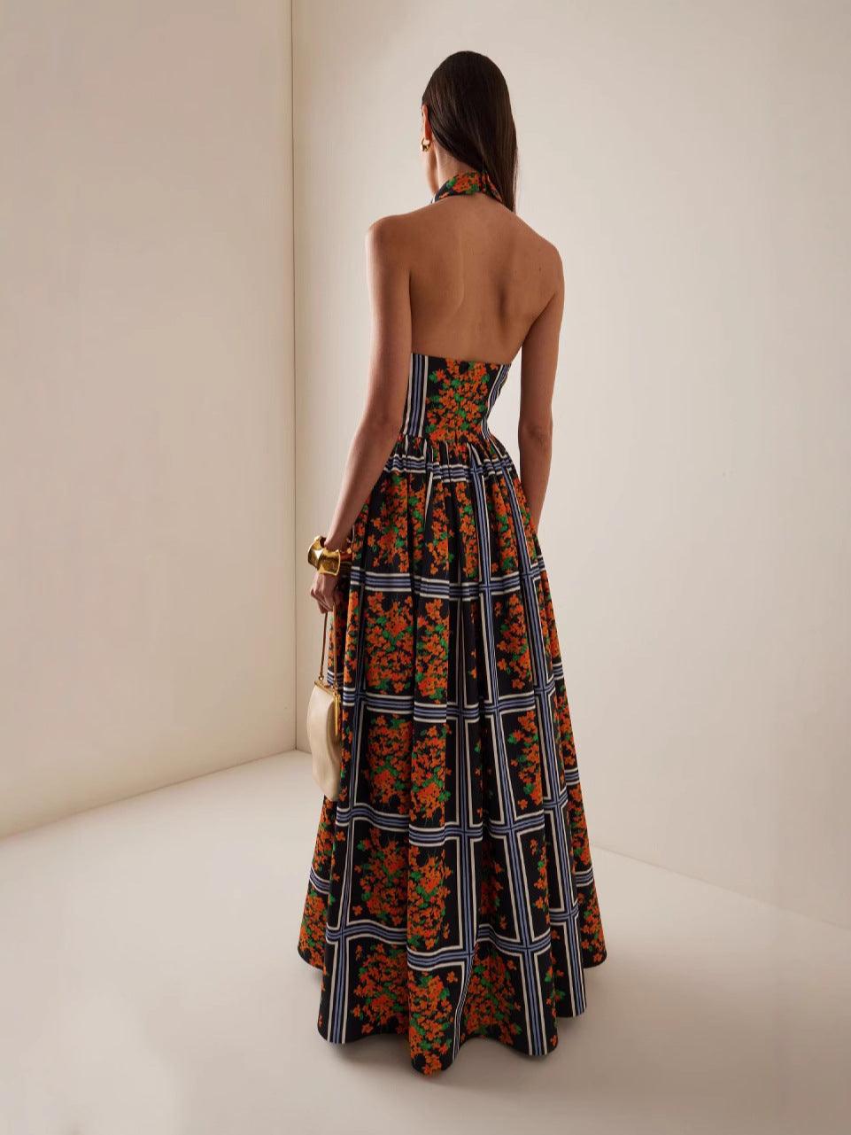 Sexy backless lapel printed long dress
