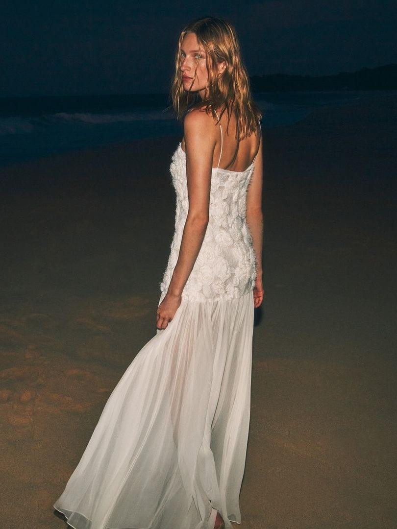 Chiffon long skirt three-dimensional flower stitching suspender dress