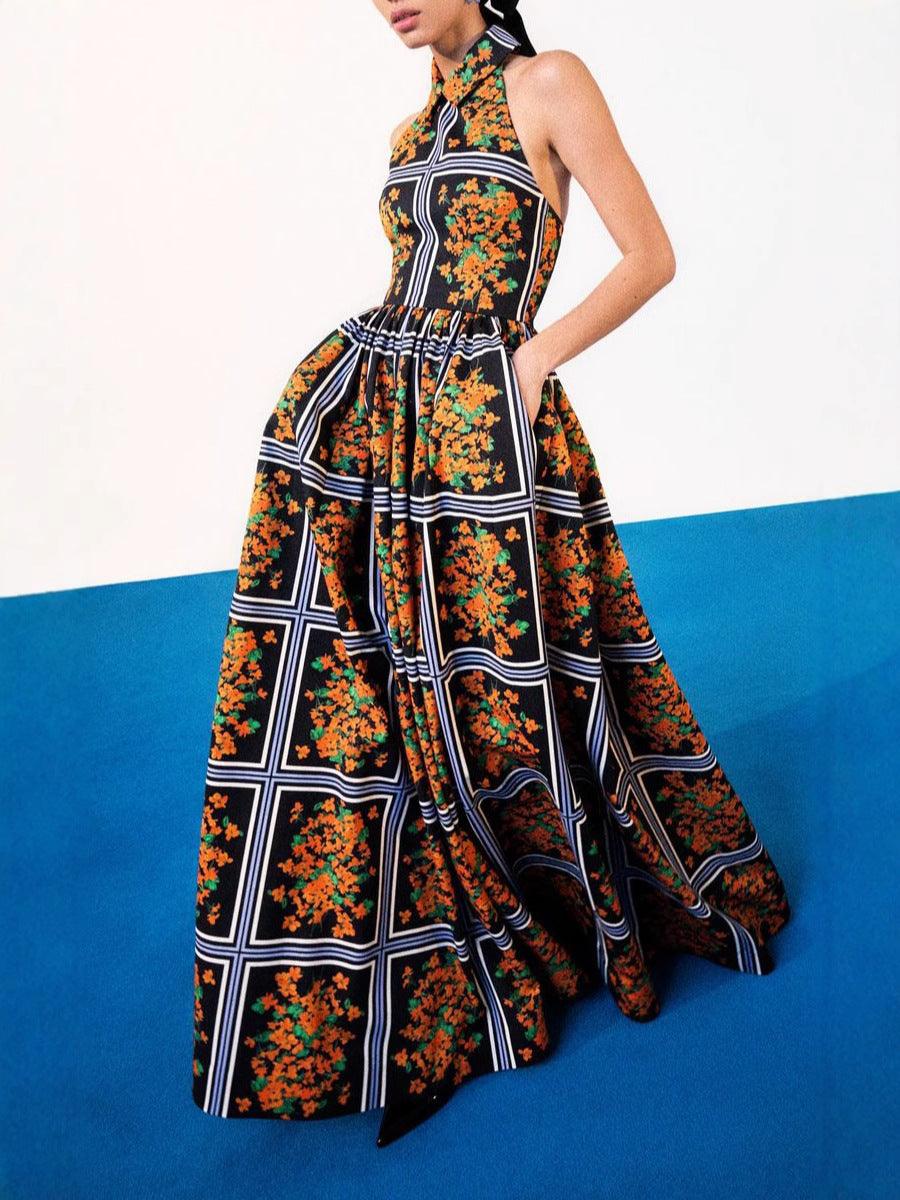 Sexy backless lapel printed long dress