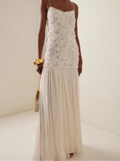 Chiffon long skirt three-dimensional flower stitching suspender dress