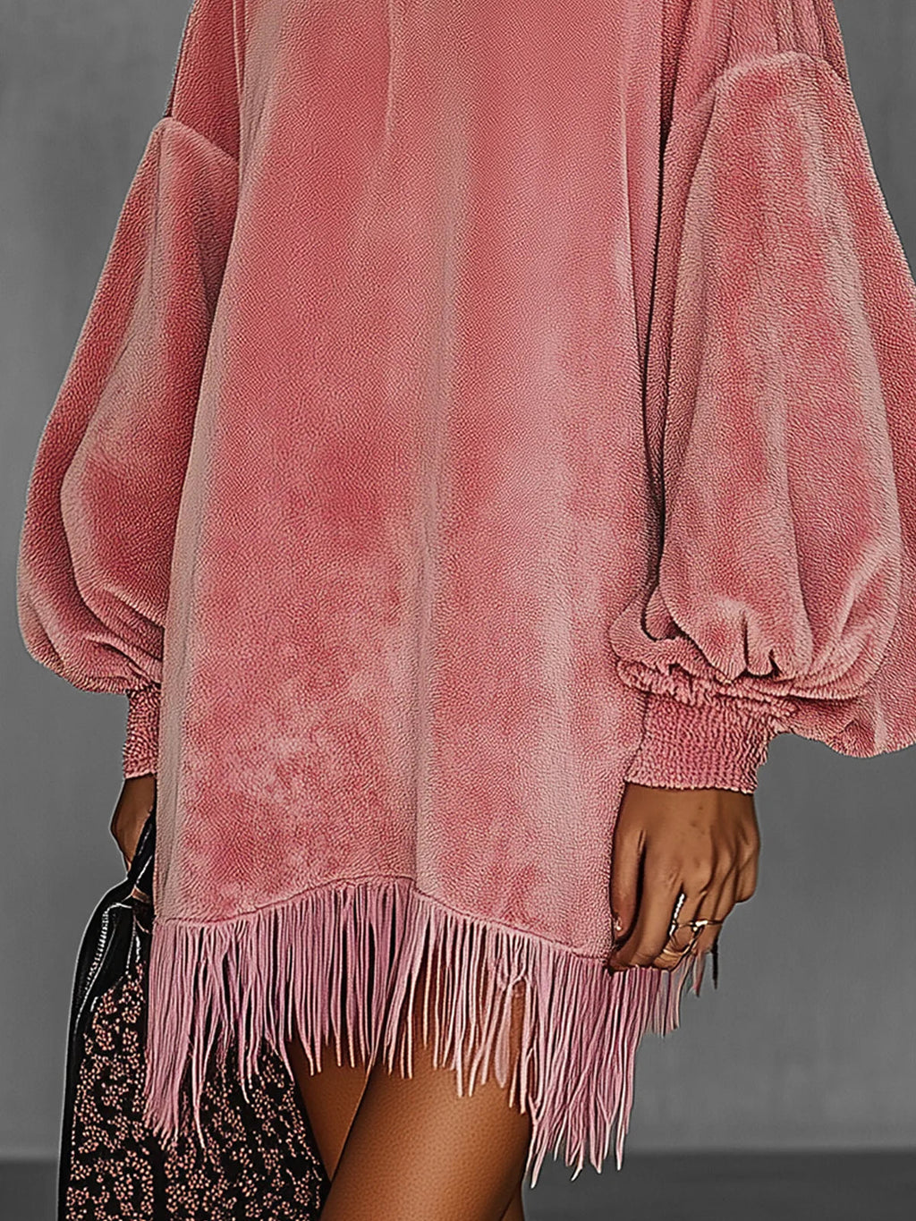 Oversized Pink Fringe Crew Neck Suede Dress