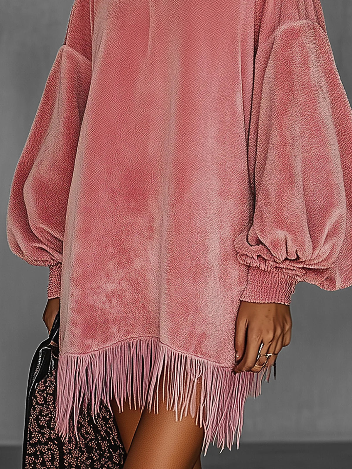 Oversized Pink Fringe Crew Neck Suede Dress
