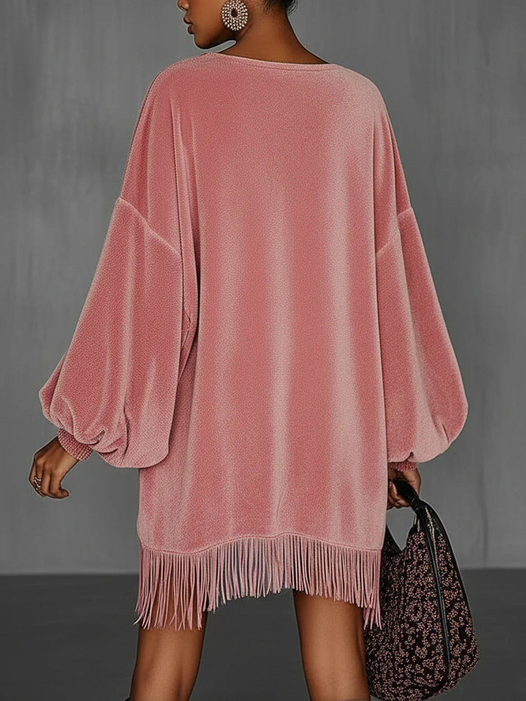 Oversized Pink Fringe Crew Neck Suede Dress