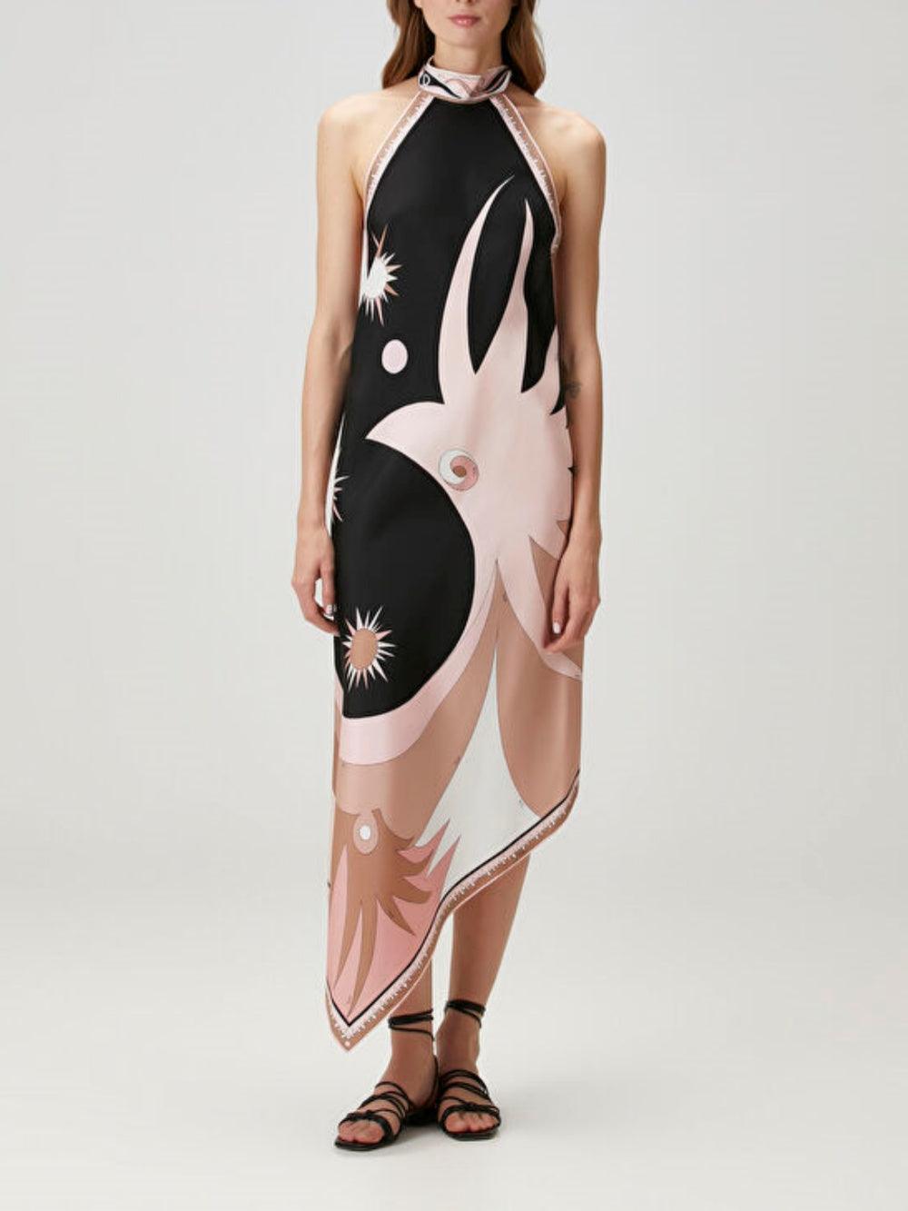 Halter Neck Printed Satin Midi Dress