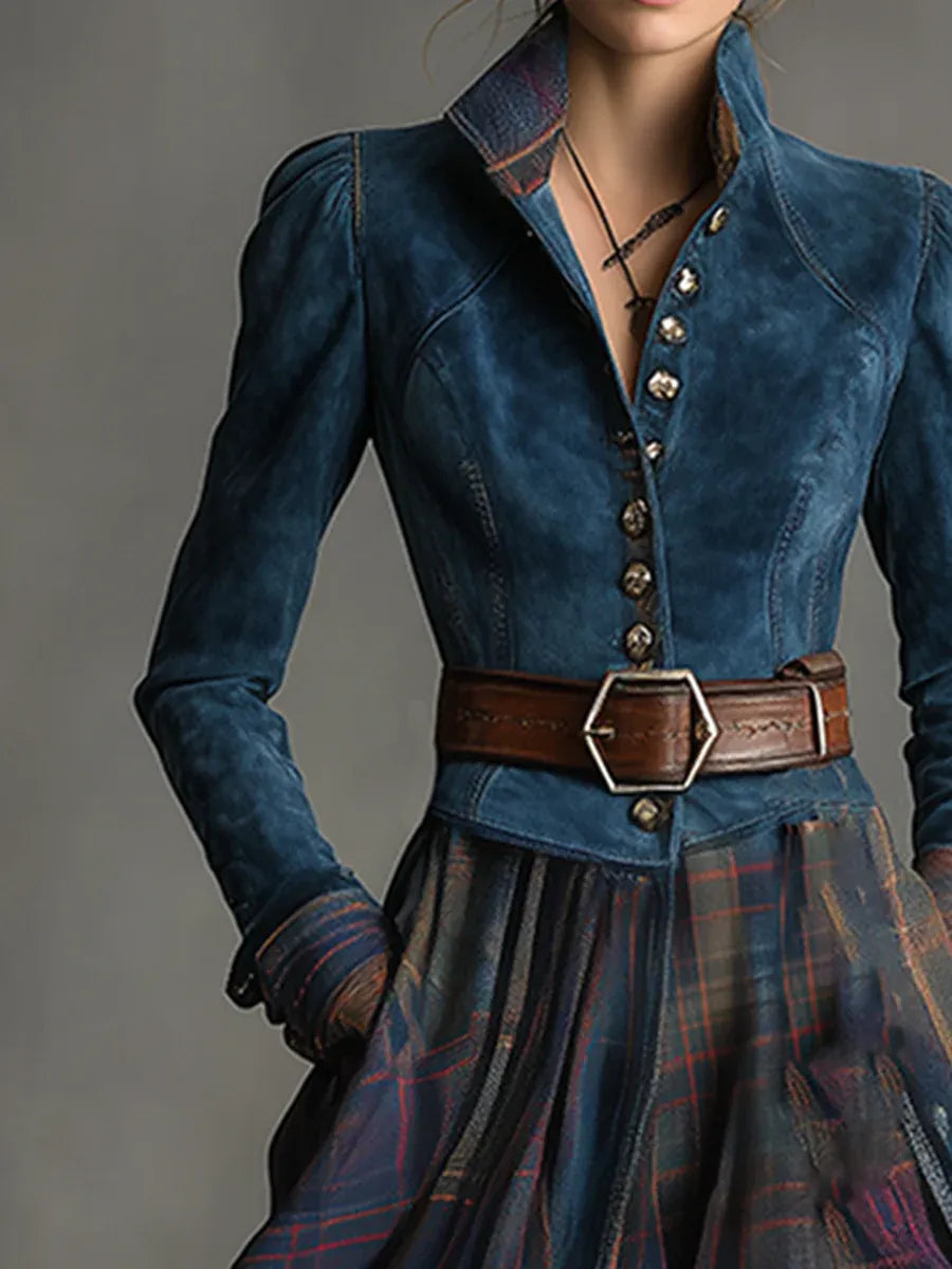 Retro Ethnic Style Blue Faux Suede Plaid Maxi Dress(Includes belt)