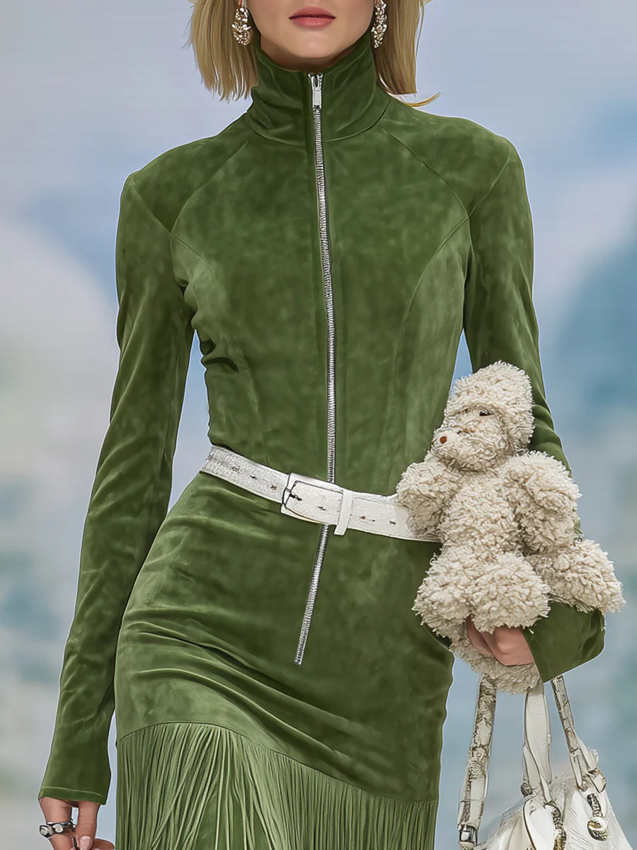Green faux suede stand-up collar zipper tassel dress（Includes belt）