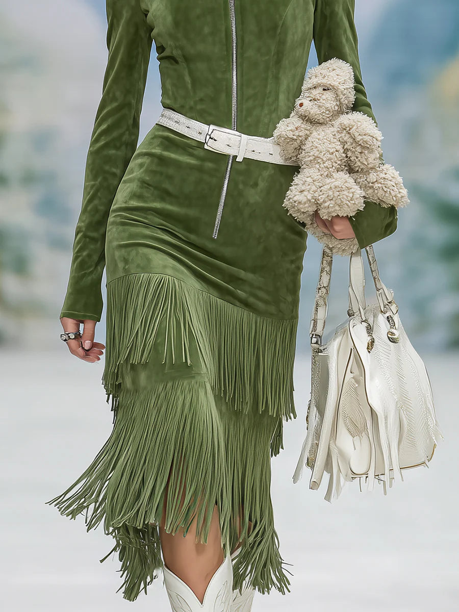 Green faux suede stand-up collar zipper tassel dress（Includes belt）