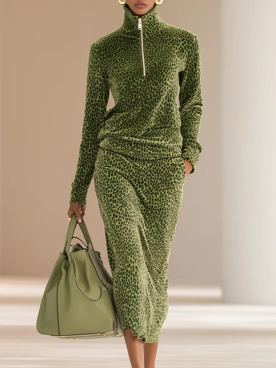 Retro Leopard Print Stand Collar Velvet Top + Skirt Set