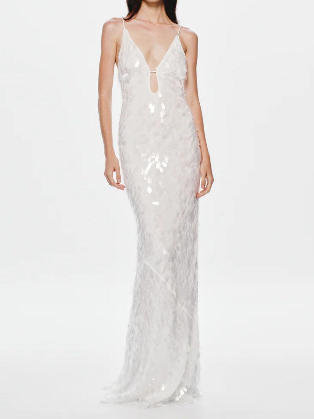 Low-cut hollow strap backless sequined dress