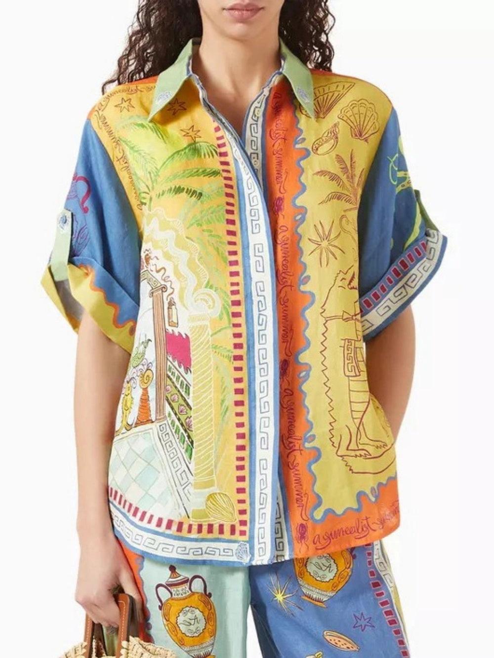 Summer Fantasy Print Short Sleeve Loose Top + Pants Set