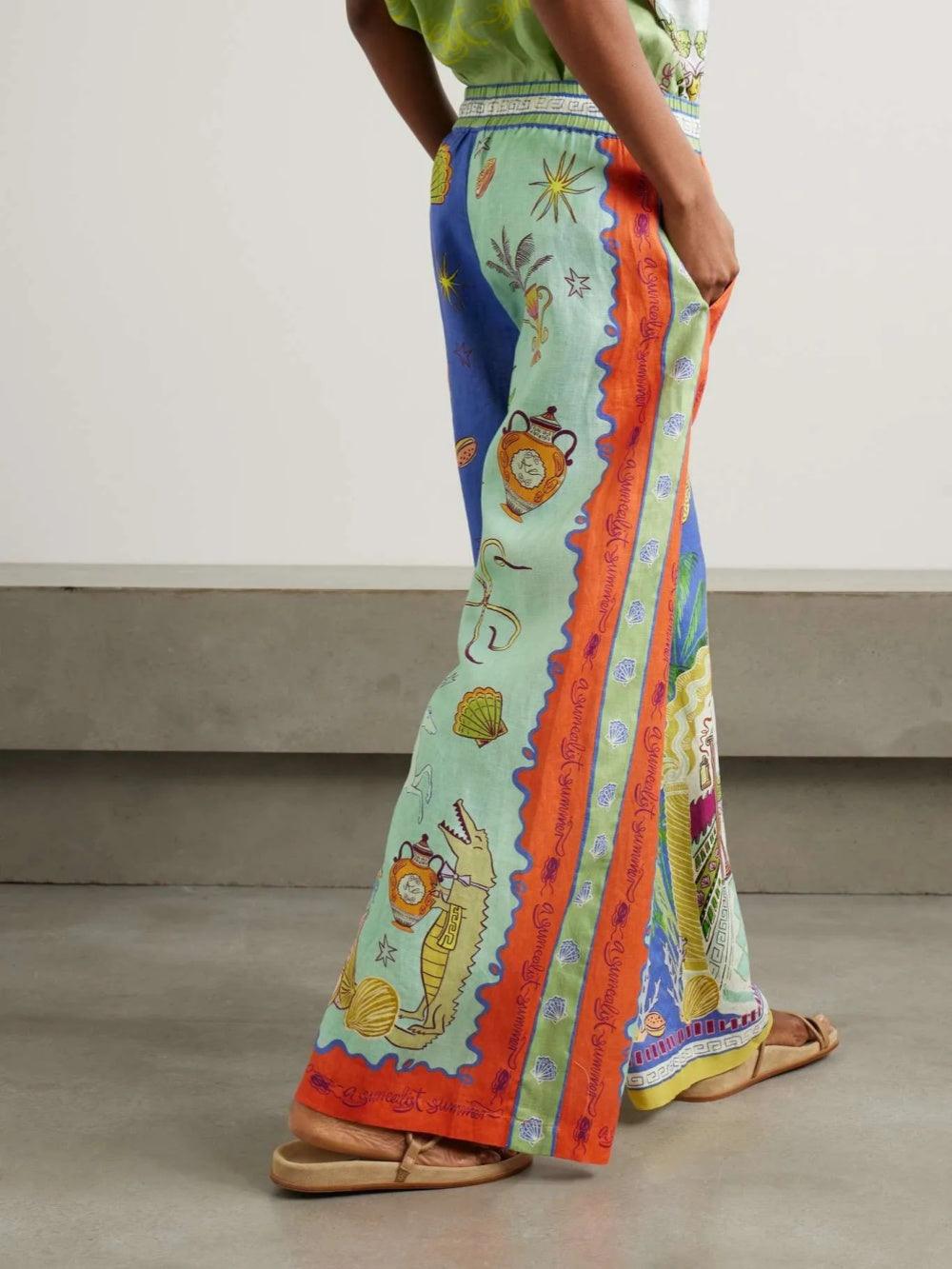 Summer Fantasy Print Short Sleeve Loose Top + Pants Set