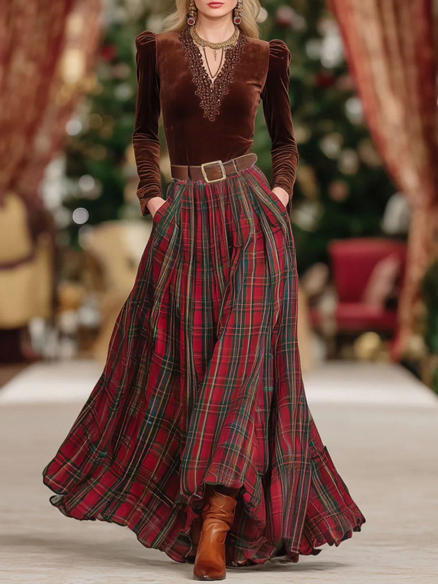V-neck Lace Long-sleeved T-shirt And Red Plaid Skirt Set(Includes belt)