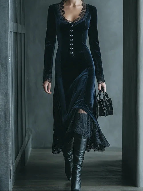 V-neck long-sleeved lace-trimmed velvet midi dress