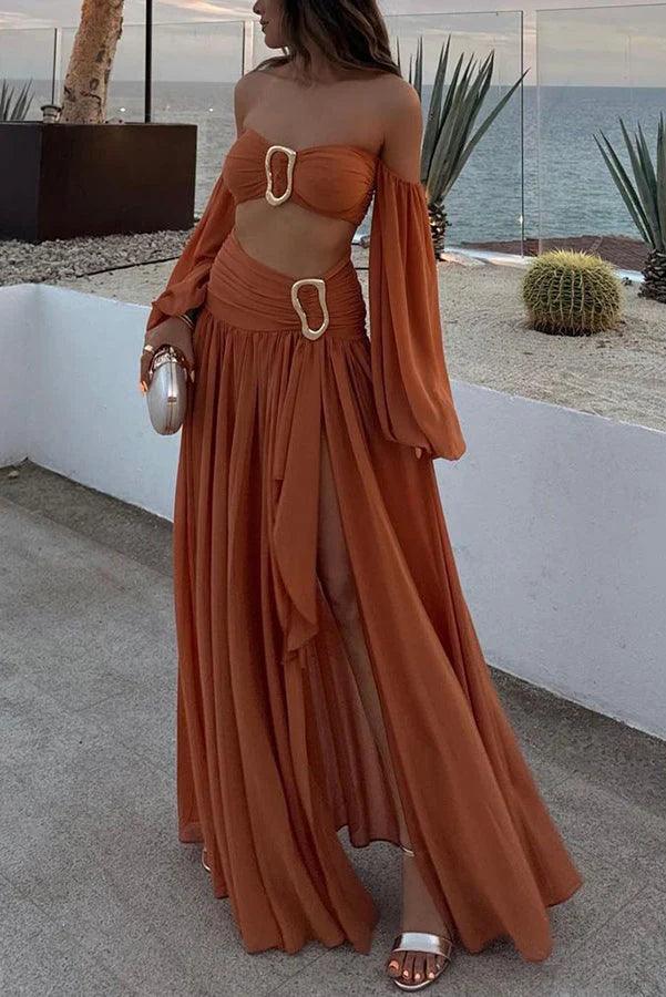 Chiffon high waist flowy asymmetric draped maxi skirt set