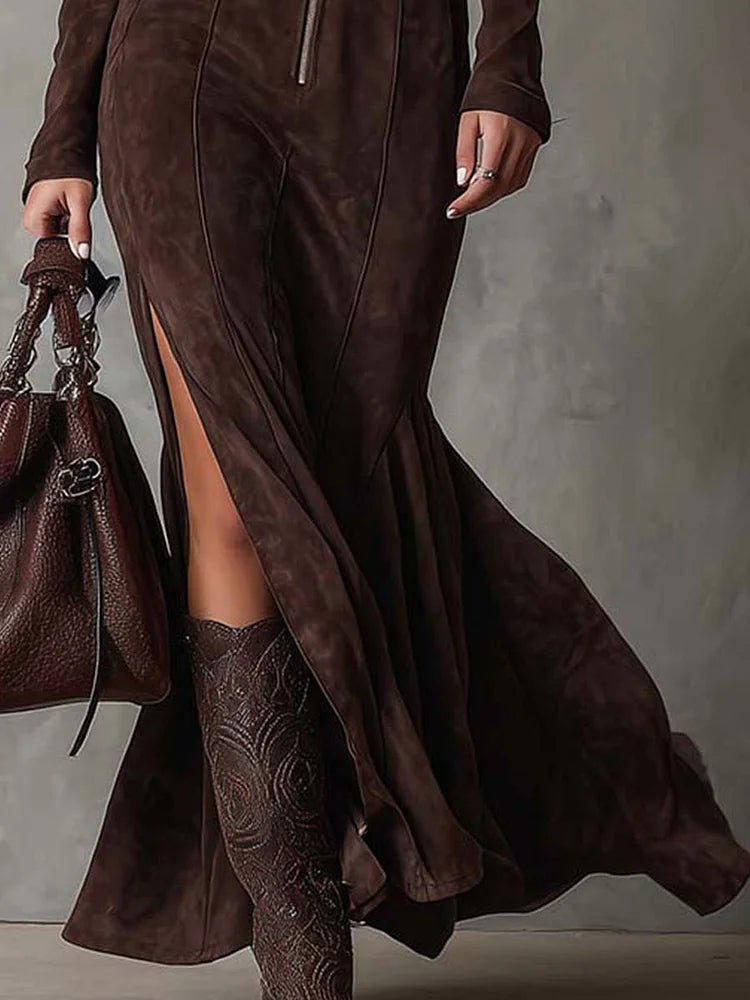 Vintage Brown Zipper Belted Maxi Dress（Includes belt）