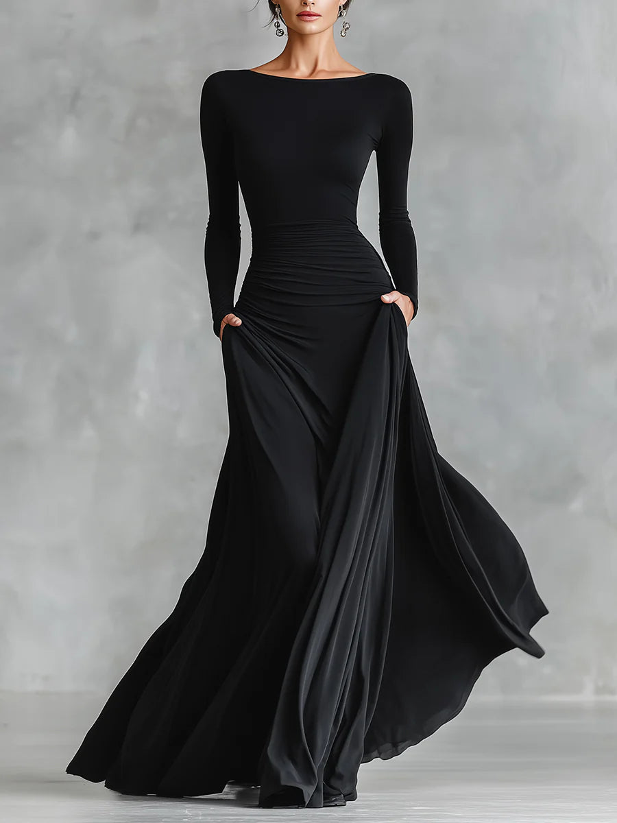 Black modern crepe pleated boat neck long dress
