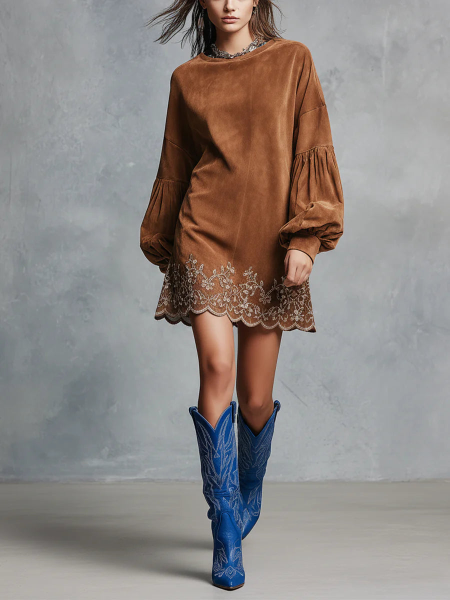 Brown Faux Suede Embroidered Trim Lantern Sleeve Mini Dress