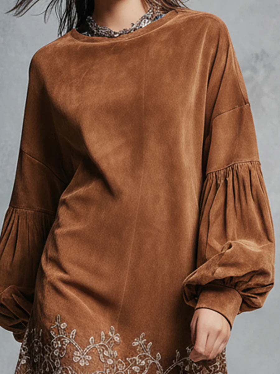 Brown Faux Suede Embroidered Trim Lantern Sleeve Mini Dress