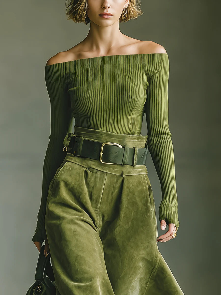 Olive green off-shoulder top and faux suede skirt set（Includes belt）