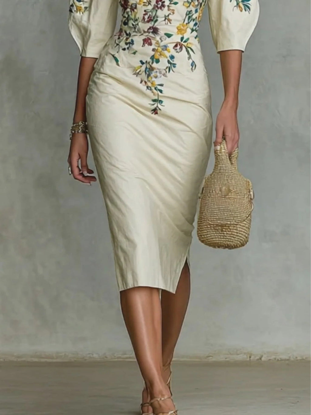 Women's floral print mid-sleeve slit dress