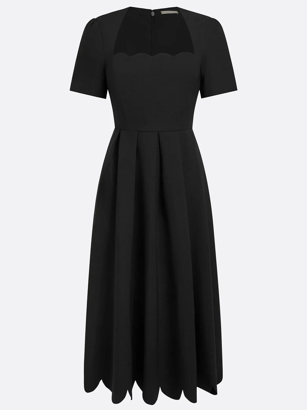 Black Irregular Craftsmanship Classic Square Neck Short Sleeve A-Line Midi Dress