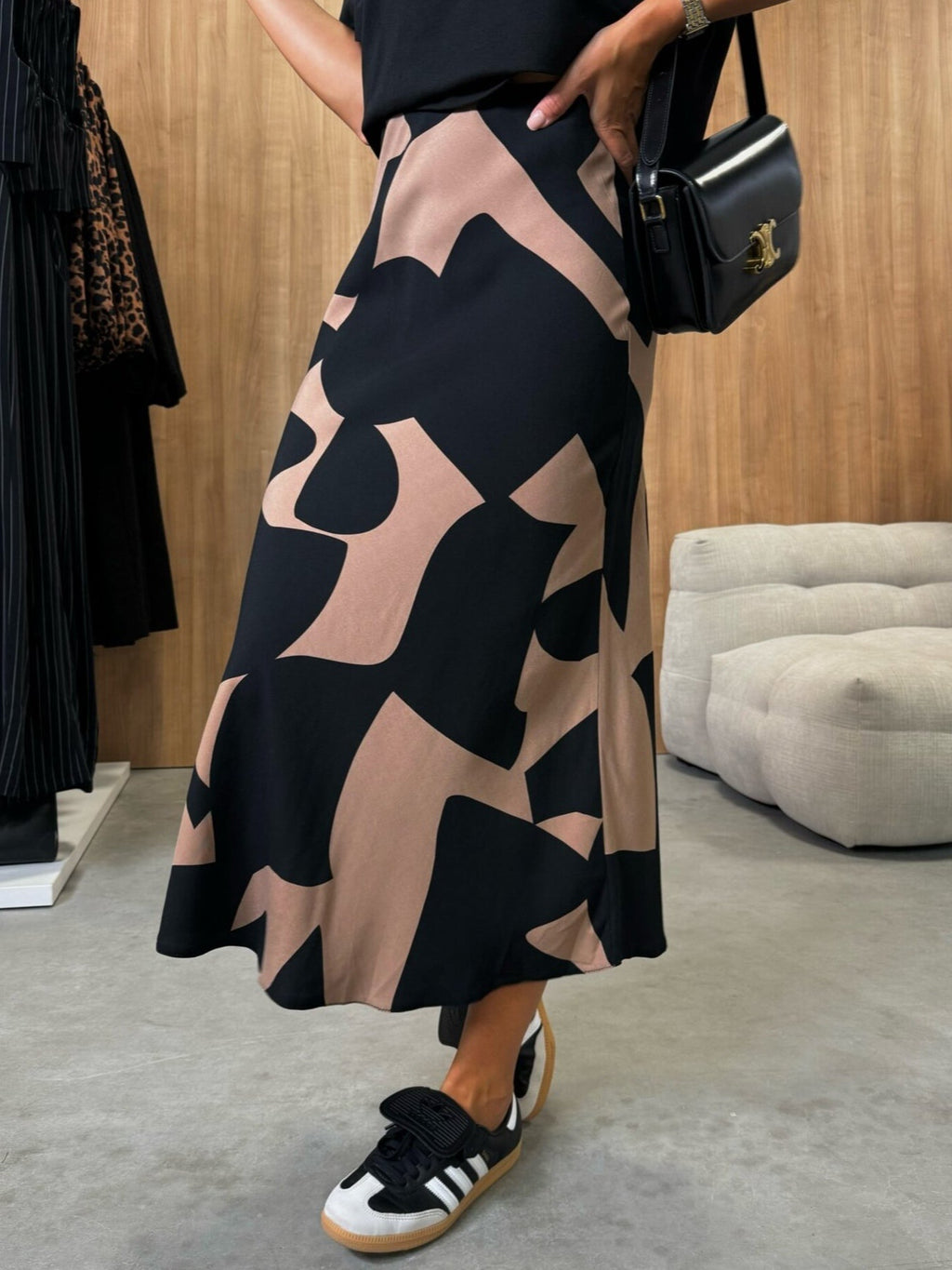 Colorblock Print Satin Skirt