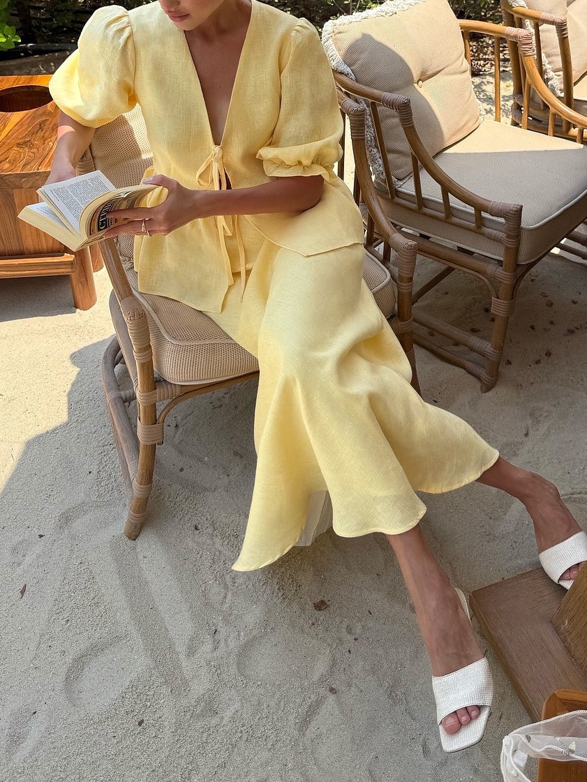 Yellow V-neck Mid-sleeve Top High Waist Skirt Linen Suit