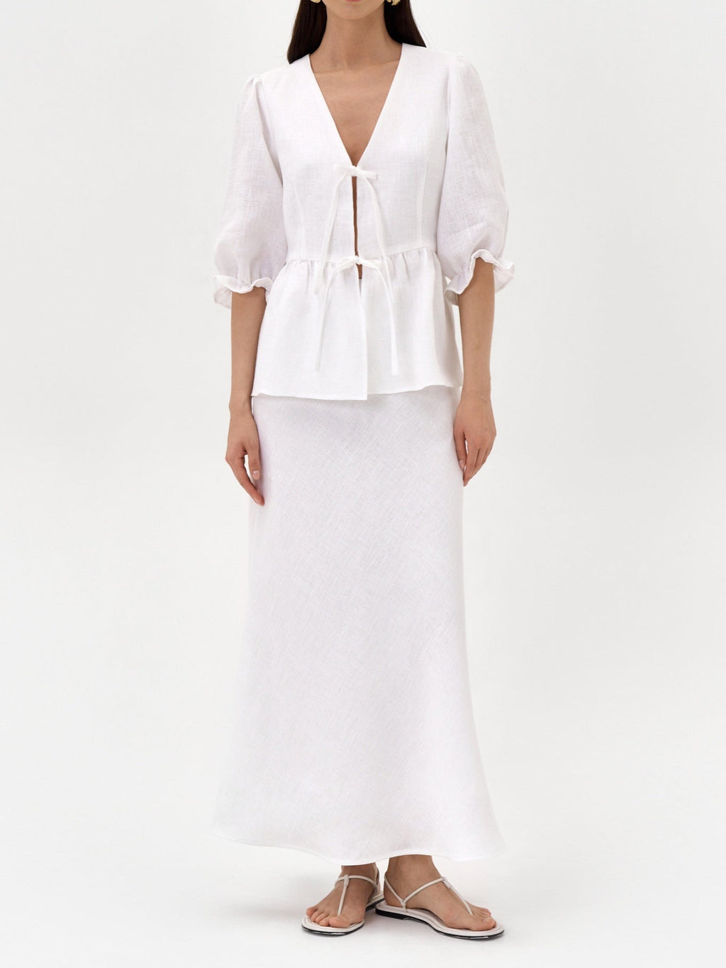 Yellow V-neck Mid-sleeve Top High Waist Skirt Linen Suit