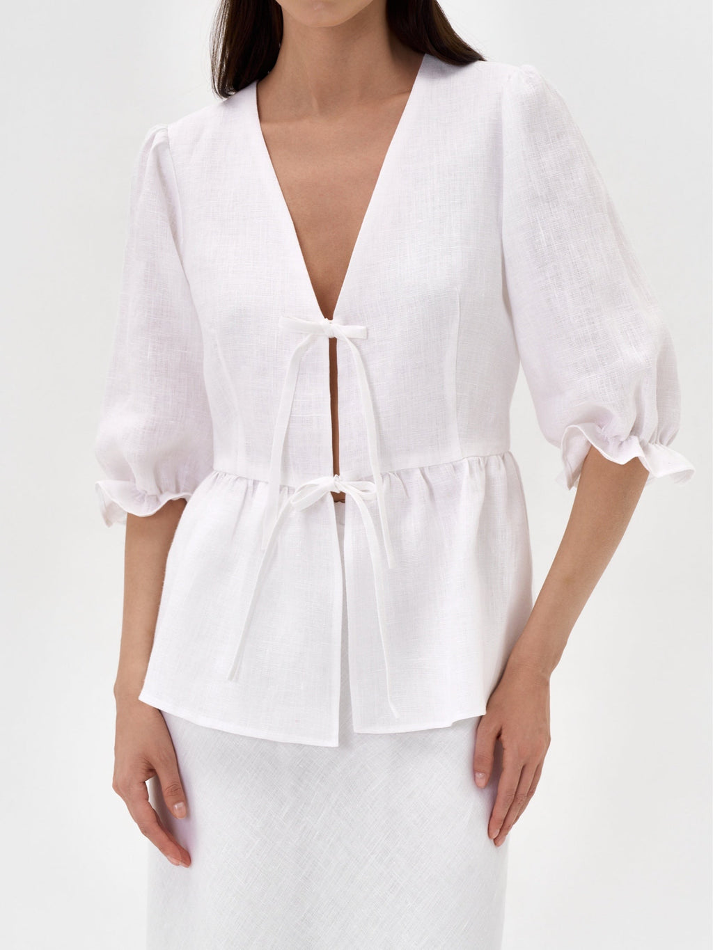 Yellow V-neck Mid-sleeve Top High Waist Skirt Linen Suit