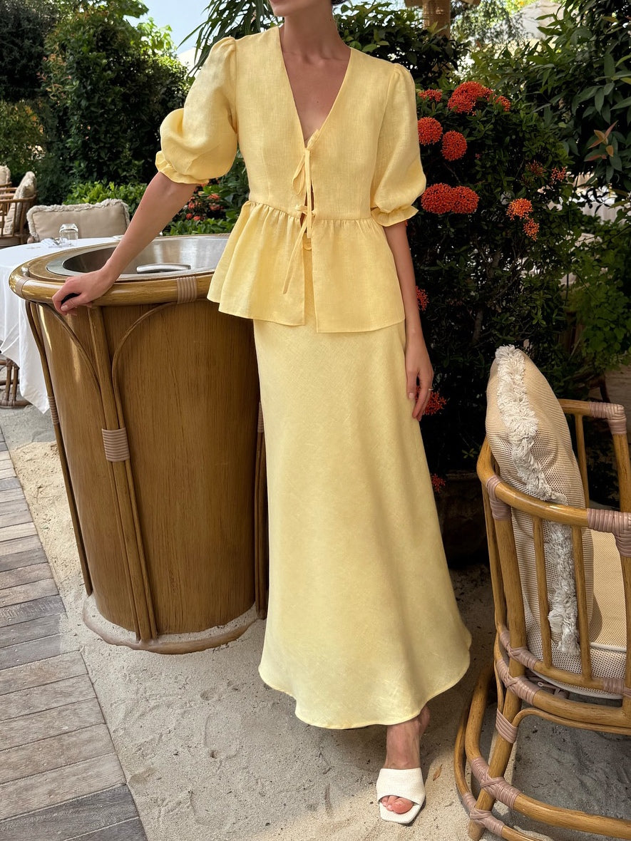 Yellow V-neck Mid-sleeve Top High Waist Skirt Linen Suit