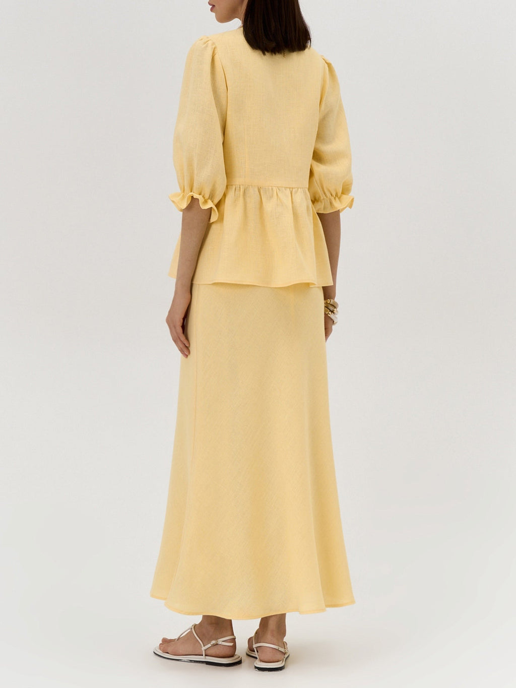 Yellow V-neck Mid-sleeve Top High Waist Skirt Linen Suit