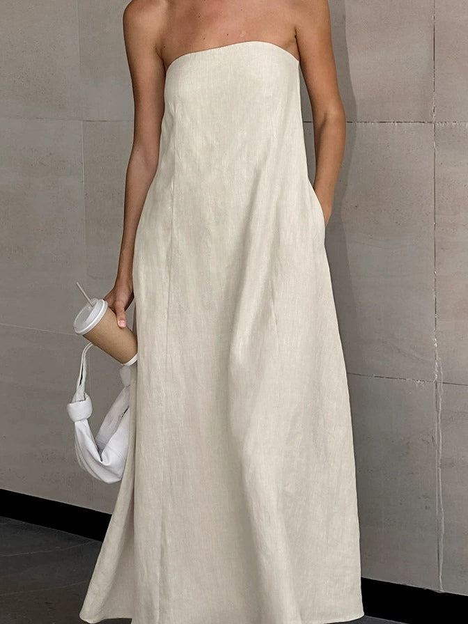 Strapless A-line Linen Long Dress