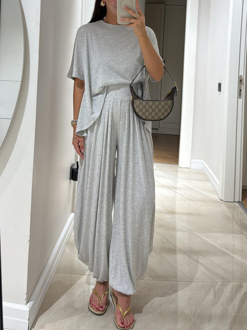 Light Grey Casual Top and Wide-leg Pants Set