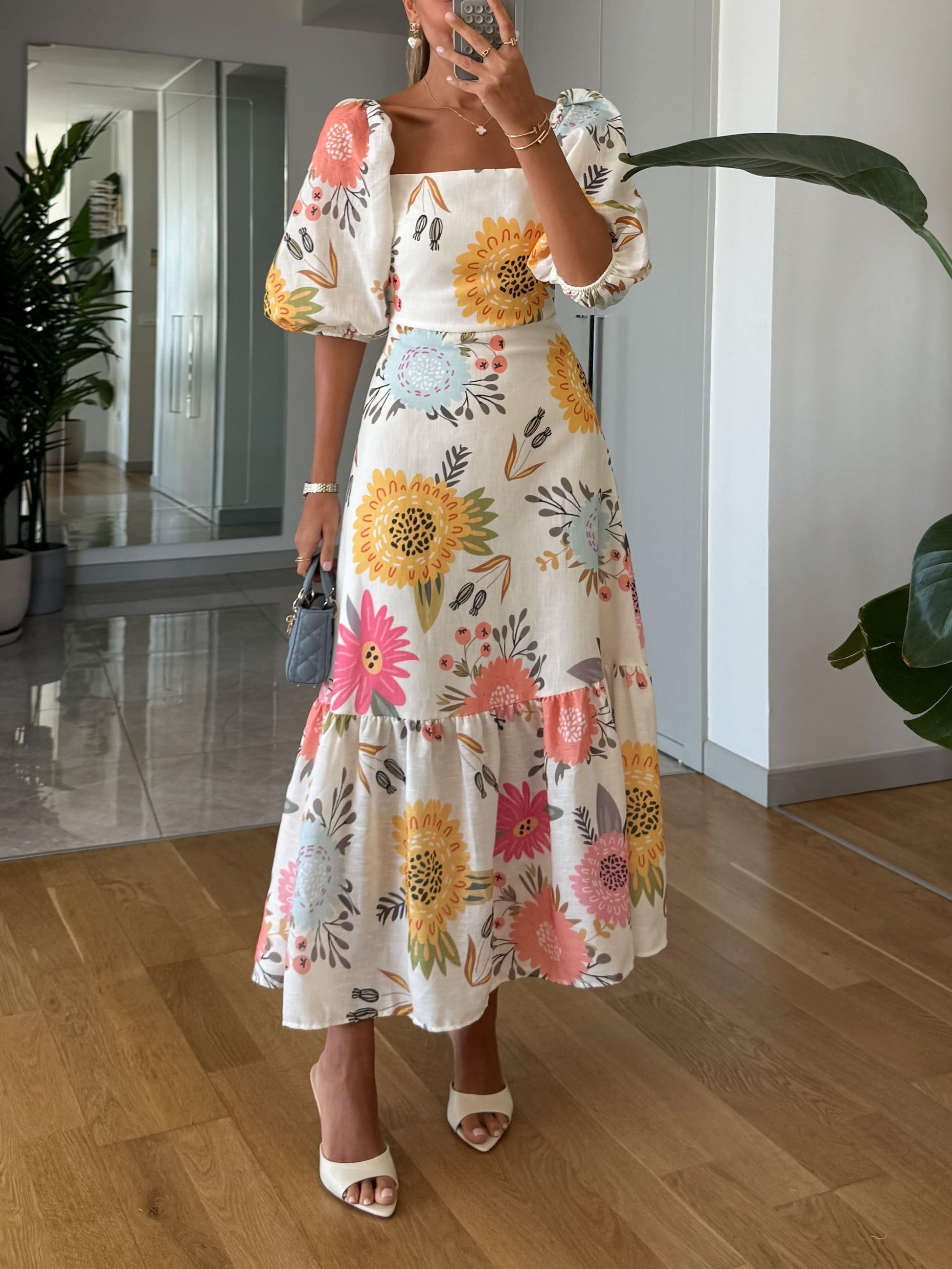 Square Neck Floral Print Puff Sleeve Midi Dress
