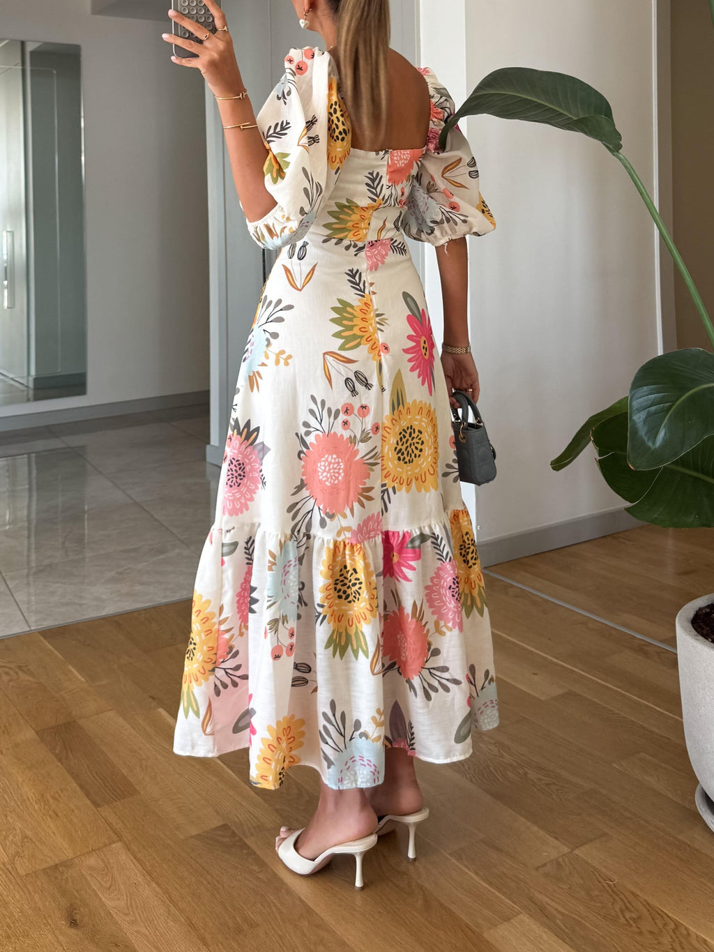 Square Neck Floral Print Puff Sleeve Midi Dress