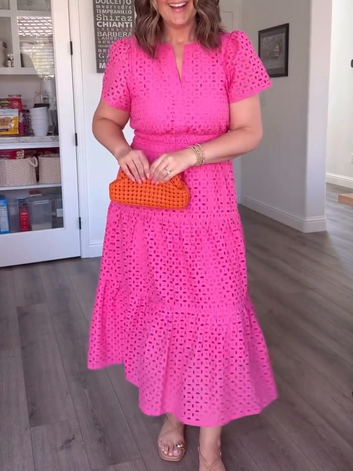 Cotton Casual Short Sleeve Hollow Pocket Midi Dress