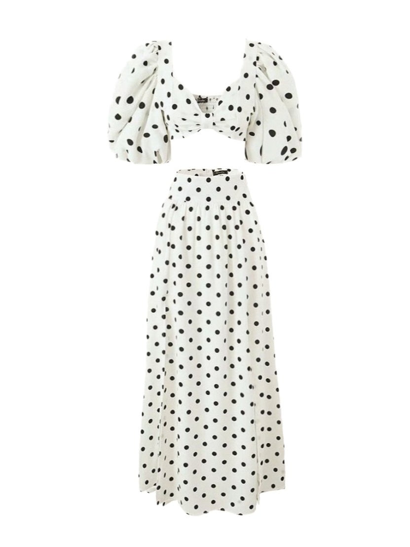 Polka Dot Square Neck Puff Sleeve Top and Slit Skirt Set