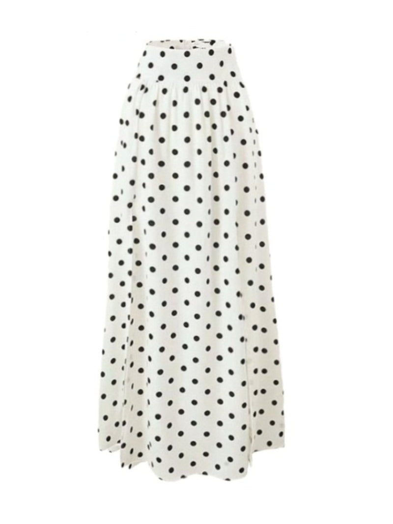 Polka Dot Square Neck Puff Sleeve Top and Slit Skirt Set