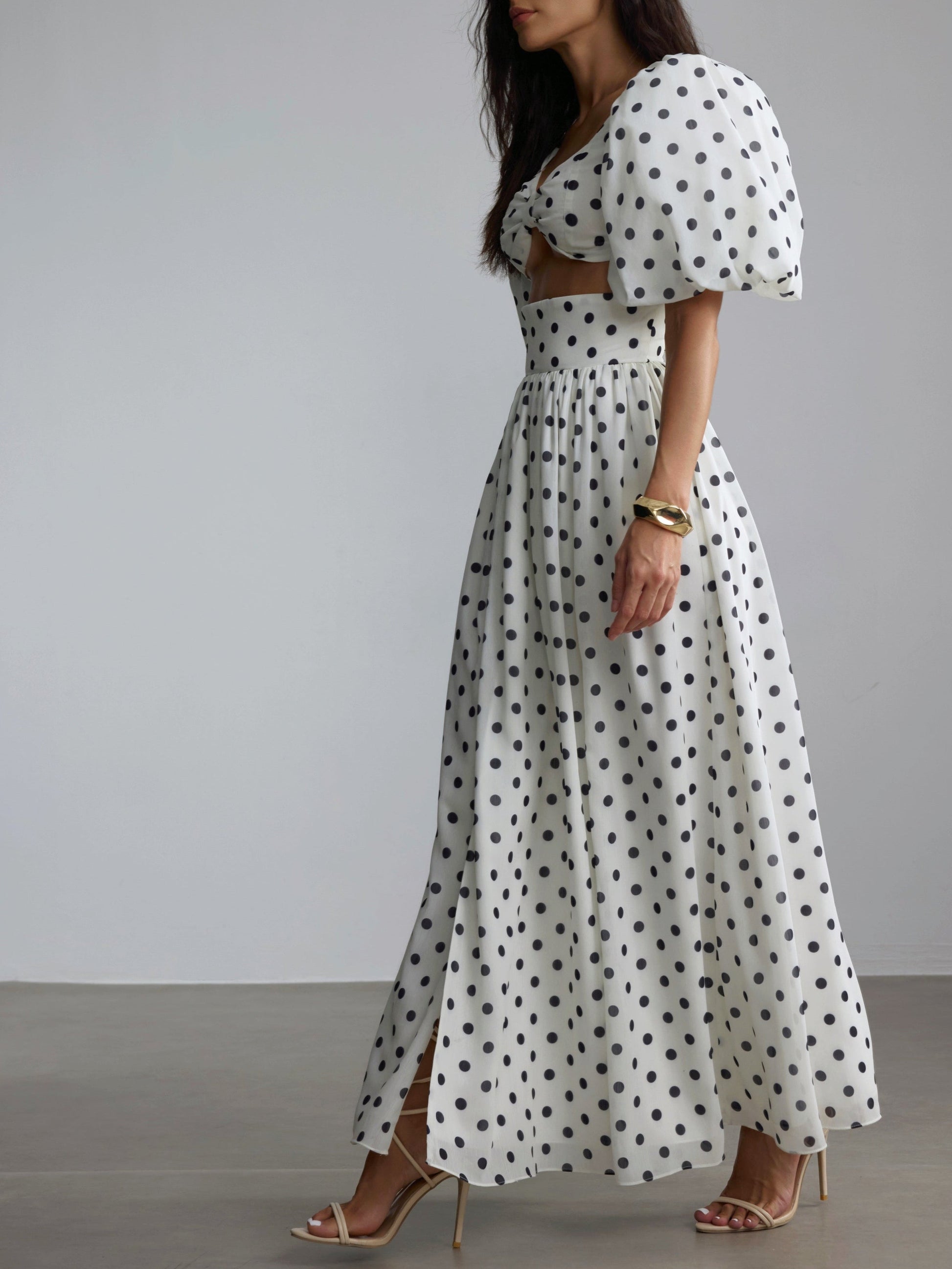Polka Dot Square Neck Puff Sleeve Top and Slit Skirt Set