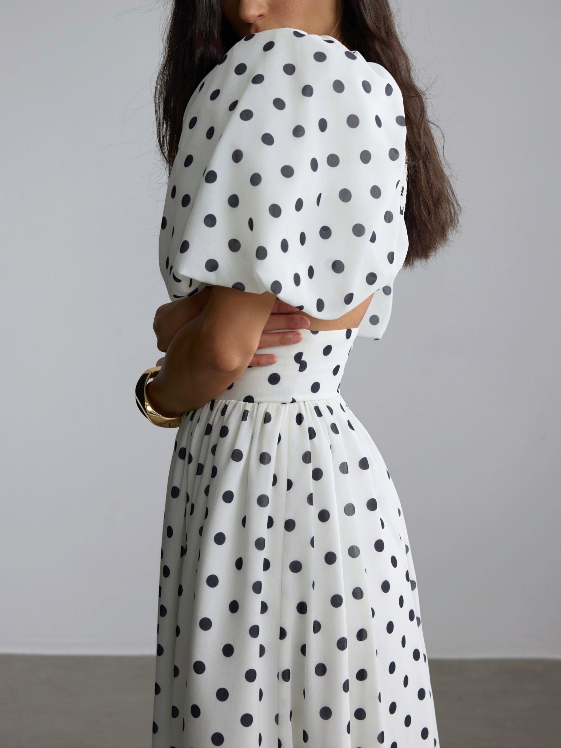 Polka Dot Square Neck Puff Sleeve Top and Slit Skirt Set