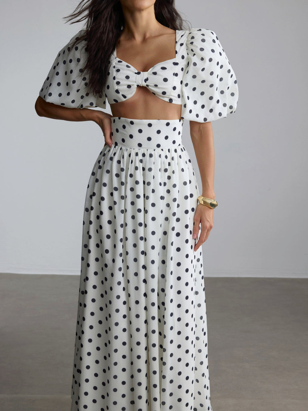 Polka Dot Square Neck Puff Sleeve Top and Slit Skirt Set