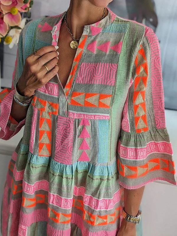 Elegant Patchwork Printed V-neck Three-quarter Sleeve Dress