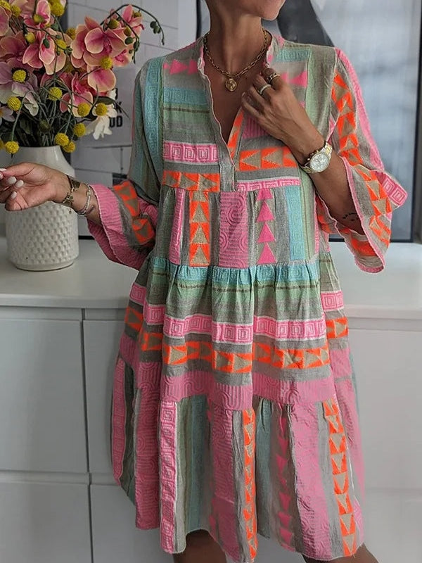 Elegant Patchwork Printed V-neck Three-quarter Sleeve Dress