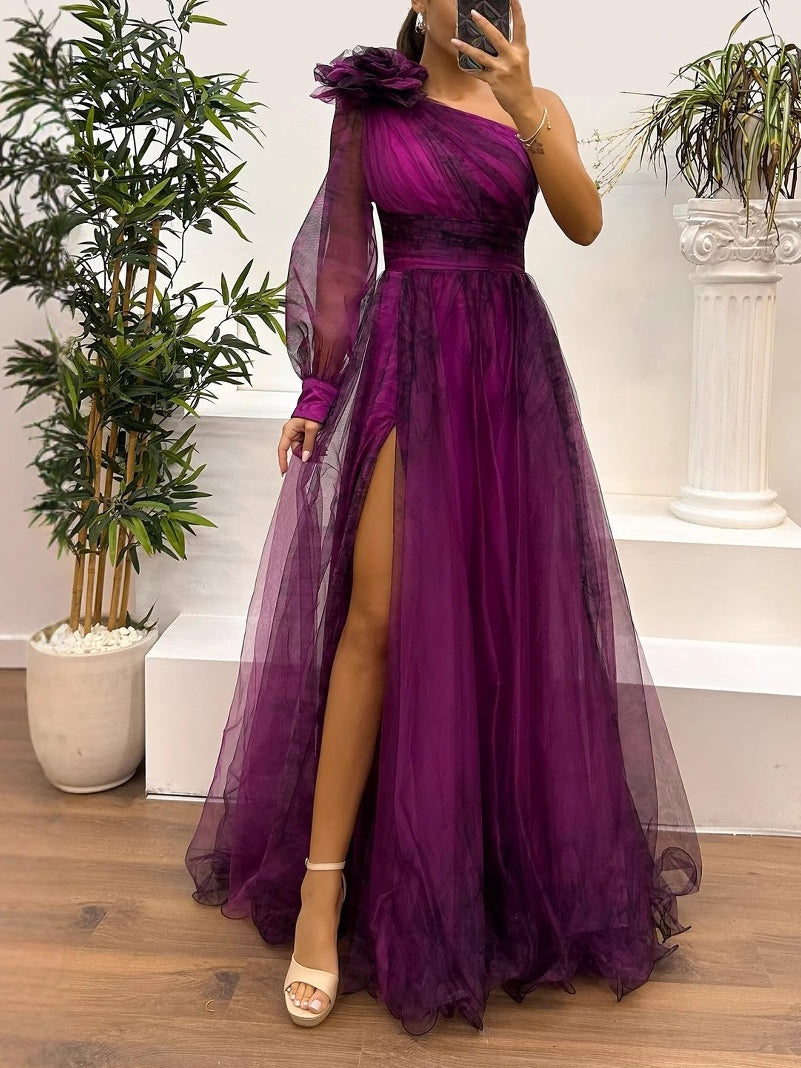 One Shoulder Mesh Abstract Gradient Print Maxi Dress