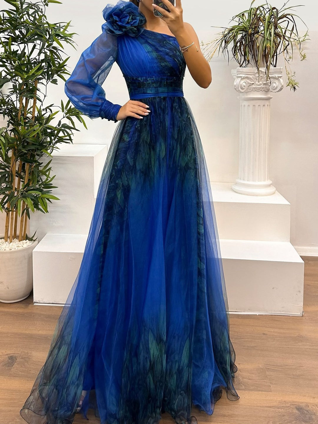 One Shoulder Mesh Abstract Gradient Print Maxi Dress